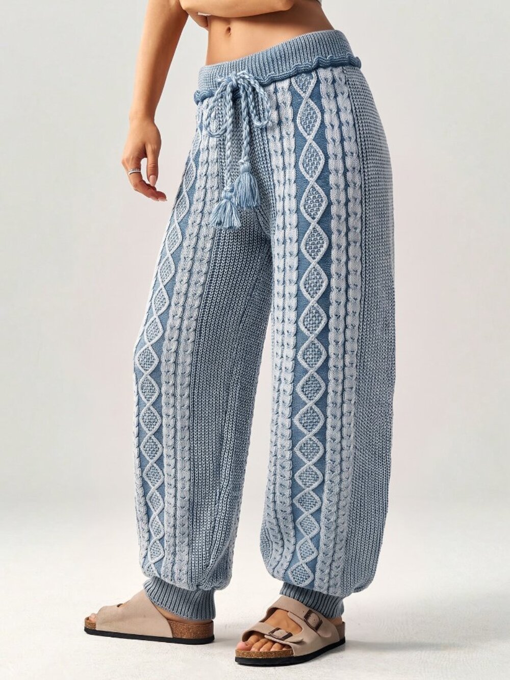 Blue And White Boho Women's Drawstring Waist Textured Knit Tapered Pants